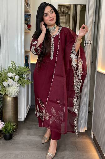 Women's Gorgeous Embroidery Work Roman Silk Fabric A-line Straight Kurta Pant and Dupatta Set