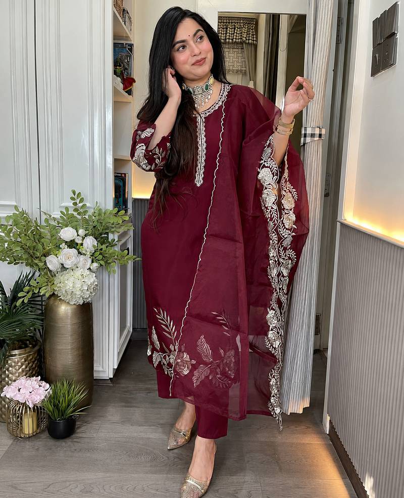 Women's Gorgeous Embroidery Work Roman Silk Fabric A-line Straight Kurta Pant and Dupatta Set