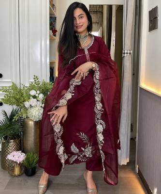 Women's Gorgeous Embroidery Work Roman Silk Fabric A-line Straight Kurta Pant and Dupatta Set 2