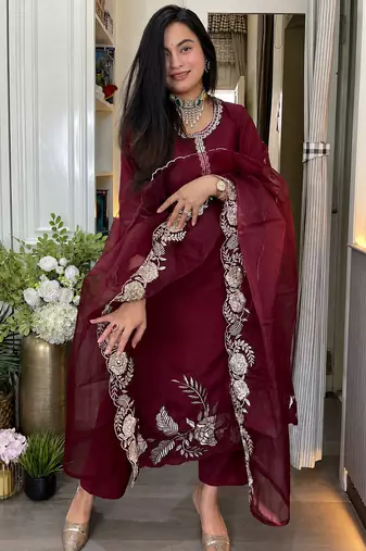 Women's Gorgeous Embroidery Work Roman Silk Fabric A-line Straight Kurta Pant and Dupatta Set