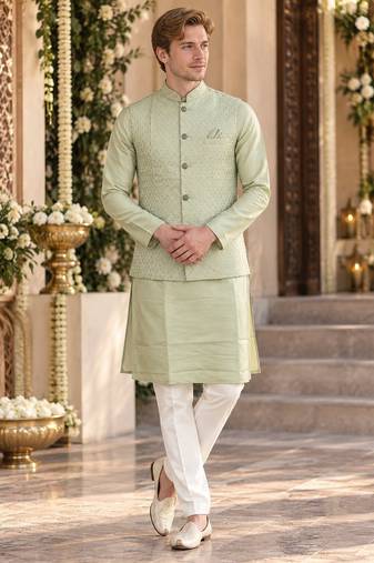 Green silk blend straight kurta
