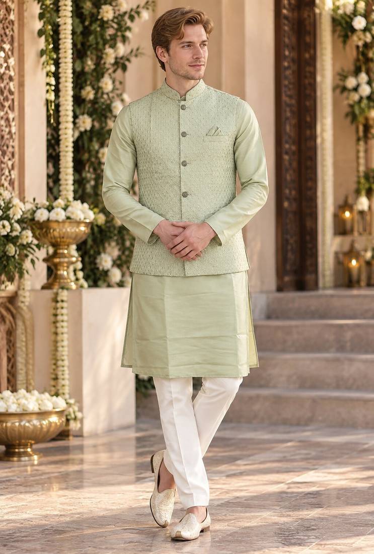 Green silk blend straight kurta
