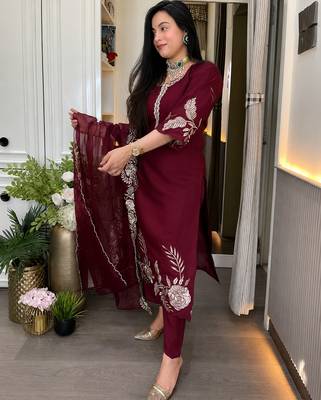 Women's Gorgeous Embroidery Work Roman Silk Fabric A-line Straight Kurta Pant and Dupatta Set 3