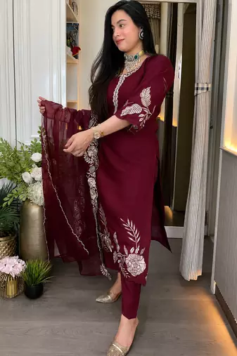 Women's Gorgeous Embroidery Work Roman Silk Fabric A-line Straight Kurta Pant and Dupatta Set