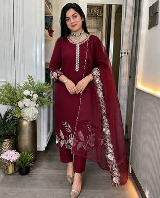 Women's Gorgeous Embroidery Work Roman Silk Fabric A-line Straight Kurta Pant and Dupatta Set 4