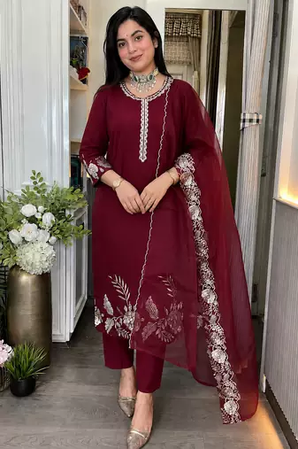 Women's Gorgeous Embroidery Work Roman Silk Fabric A-line Straight Kurta Pant and Dupatta Set