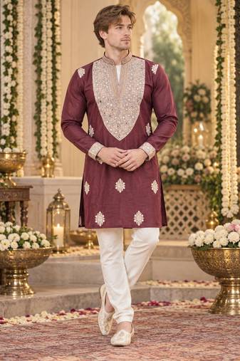 Brown silk blend embroidered straight kurta