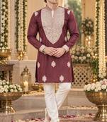 Brown silk blend embroidered straight kurta