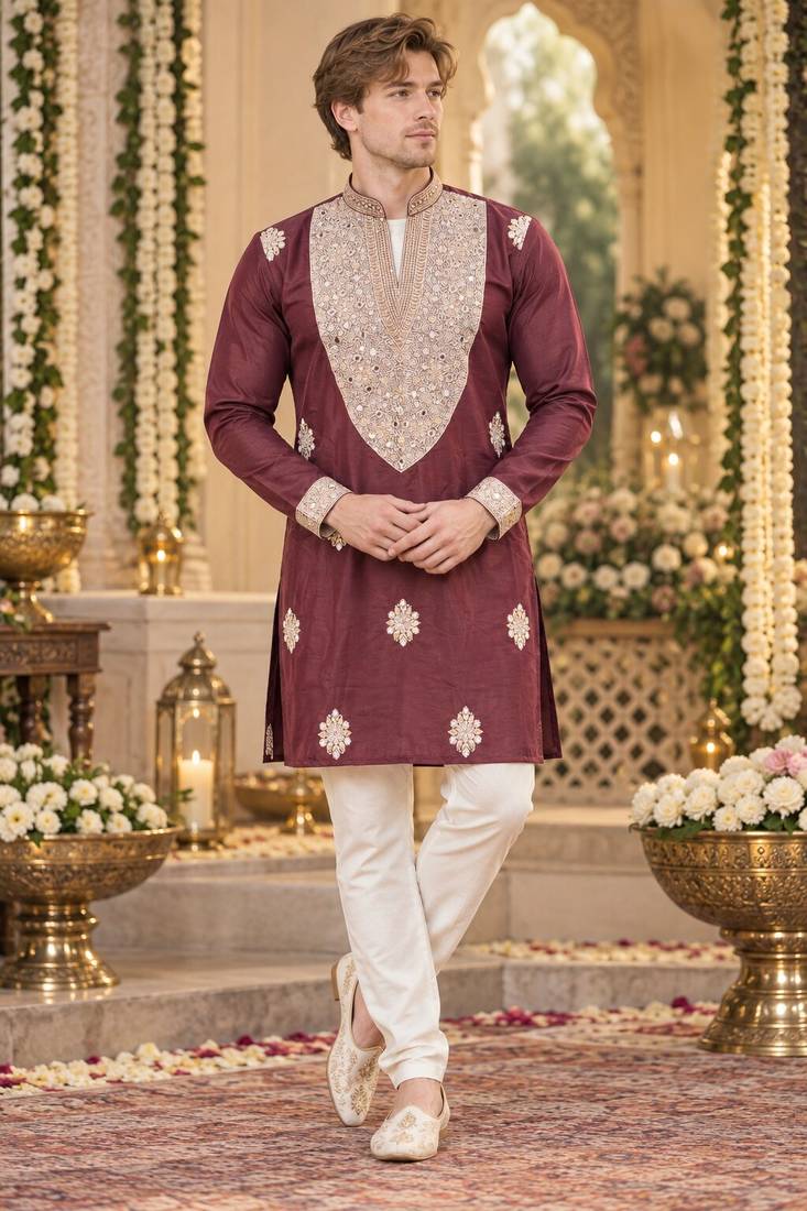 Brown silk blend embroidered straight kurta