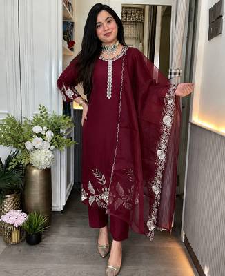 Women's Gorgeous Embroidery Work Roman Silk Fabric A-line Straight Kurta Pant and Dupatta Set 5