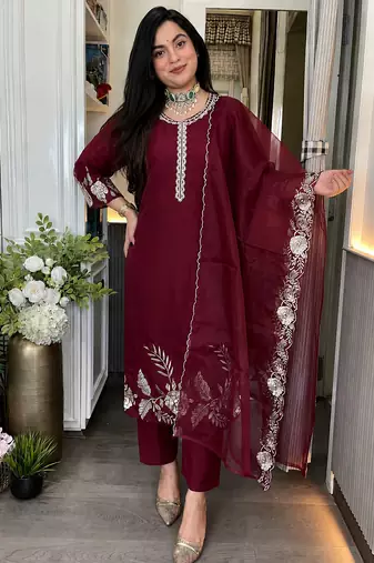 Women's Gorgeous Embroidery Work Roman Silk Fabric A-line Straight Kurta Pant and Dupatta Set