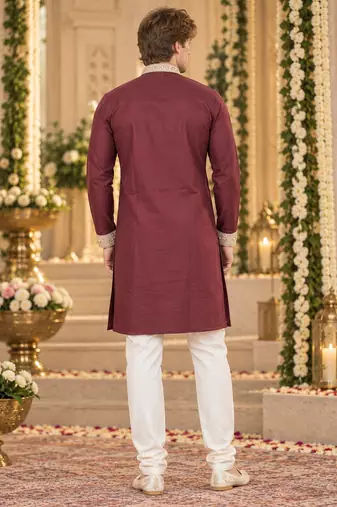Brown silk blend embroidered straight kurta