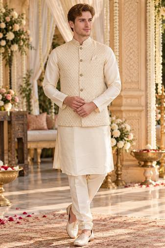 Cream silk blend straight kurta