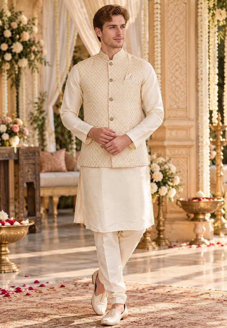 Cream silk blend straight kurta