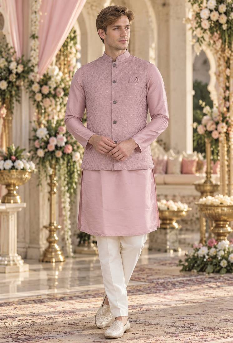 Pink silk blend straight kurta