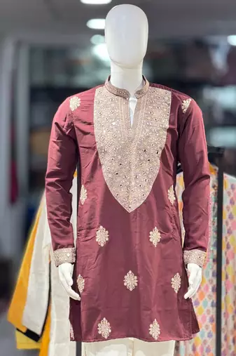 Brown silk blend embroidered straight kurta