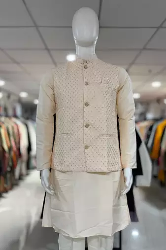 Cream silk blend straight kurta