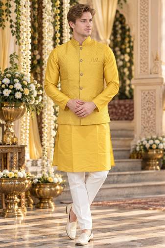 Yellow silk blend straight kurta