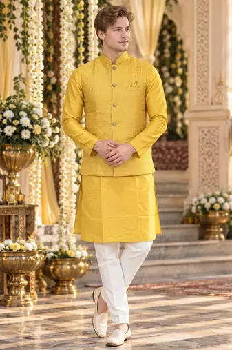 Yellow silk blend straight kurta