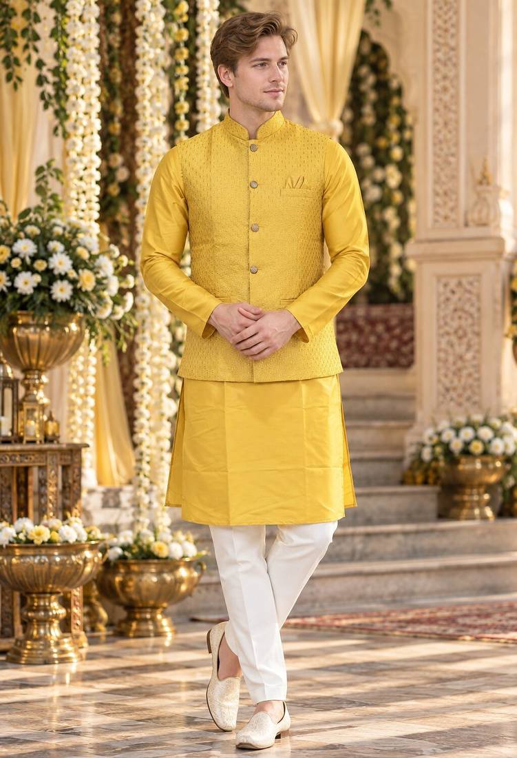 Yellow silk blend straight kurta
