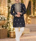 Black silk blend embroidered straight kurta