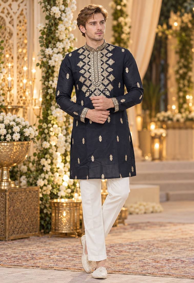 Black silk blend embroidered straight kurta