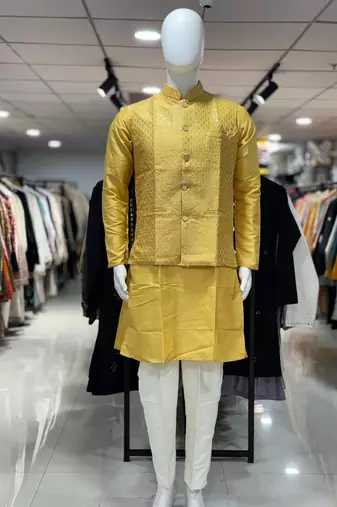 Yellow silk blend straight kurta