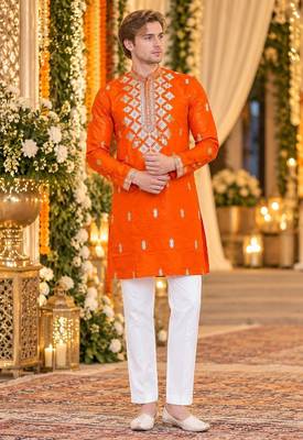 Orange silk blend embroidered straight kurta 1