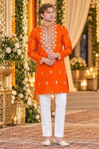 Orange silk blend embroidered straight kurta