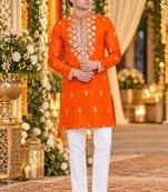 Orange silk blend embroidered straight kurta