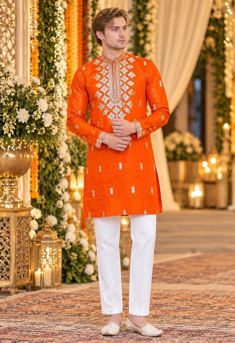 Orange silk blend embroidered straight kurta