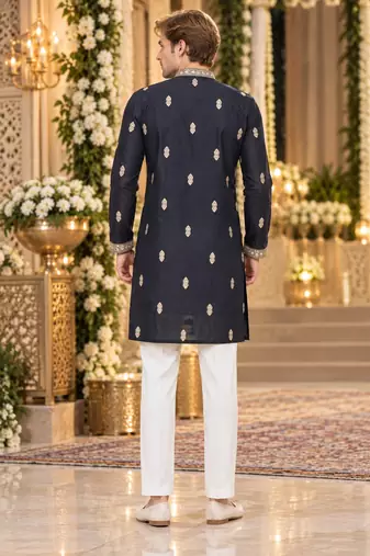 Black silk blend embroidered straight kurta