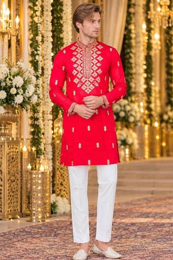 Pink silk blend embroidered straight kurta