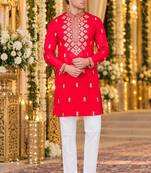 Pink silk blend embroidered straight kurta