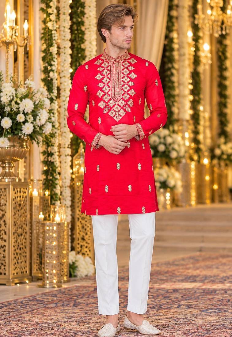 Pink silk blend embroidered straight kurta