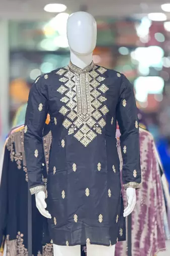 Black silk blend embroidered straight kurta