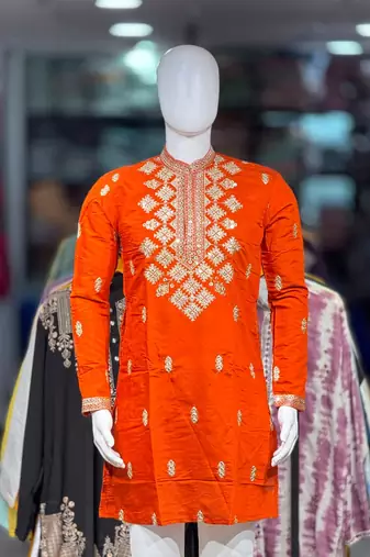 Orange silk blend embroidered straight kurta