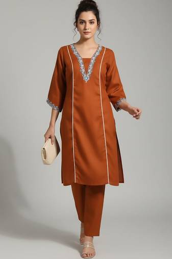Orange floral embroidered cotton blend tunic trouser set