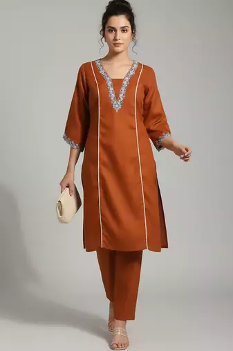 Orange floral embroidered cotton blend tunic trouser set