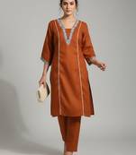 Orange floral embroidered cotton blend tunic trouser set