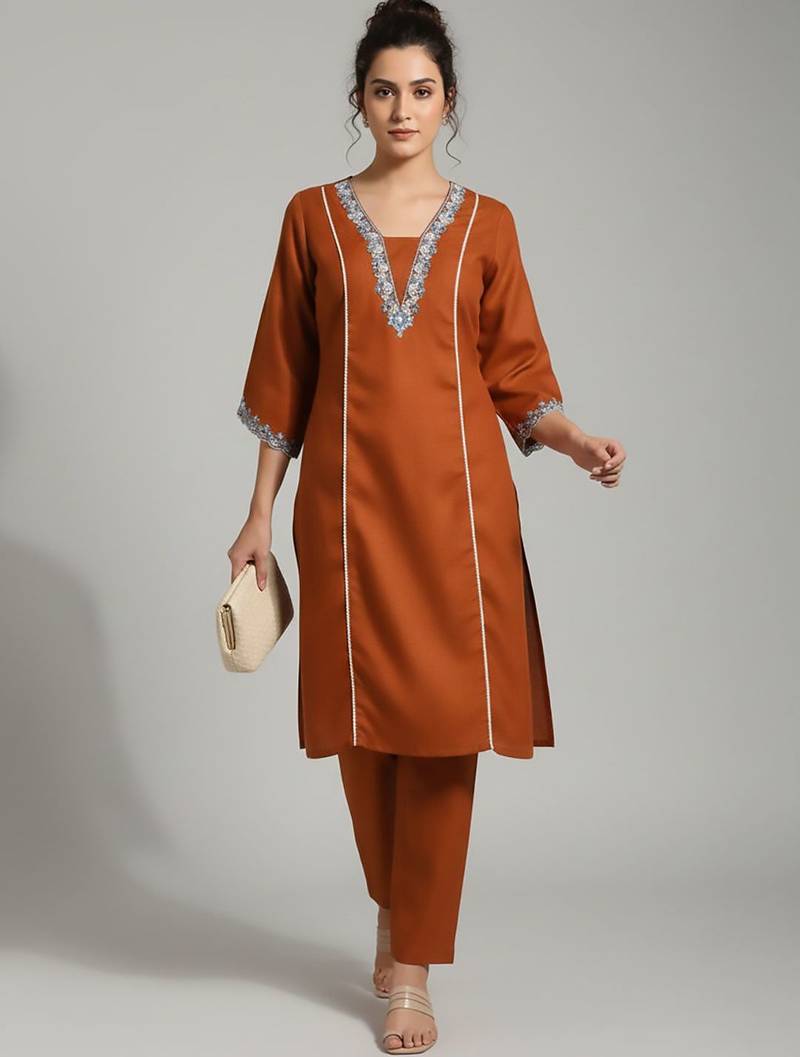 Orange floral embroidered cotton blend tunic trouser set