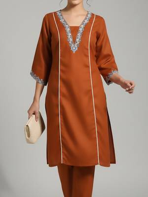 Orange floral embroidered cotton blend tunic trouser set 2
