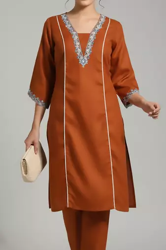 Orange floral embroidered cotton blend tunic trouser set