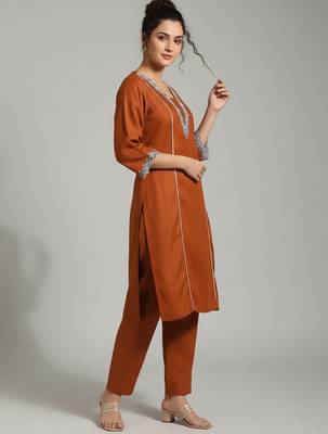 Orange floral embroidered cotton blend tunic trouser set 3