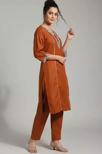 Orange floral embroidered cotton blend tunic trouser set
