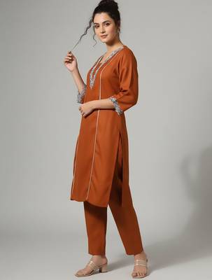Orange floral embroidered cotton blend tunic trouser set 4