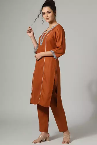 Orange floral embroidered cotton blend tunic trouser set