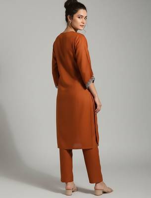 Orange floral embroidered cotton blend tunic trouser set 5