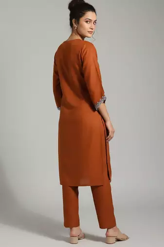 Orange floral embroidered cotton blend tunic trouser set