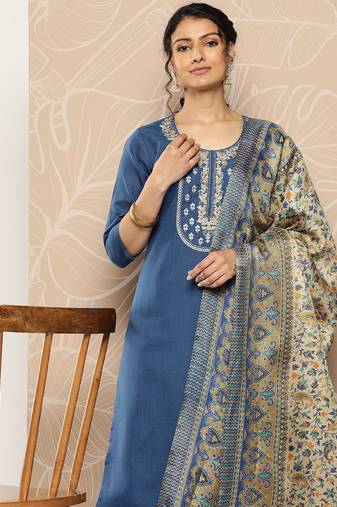 Blue floral embroidered cotton blend kurta trouser dupatta set